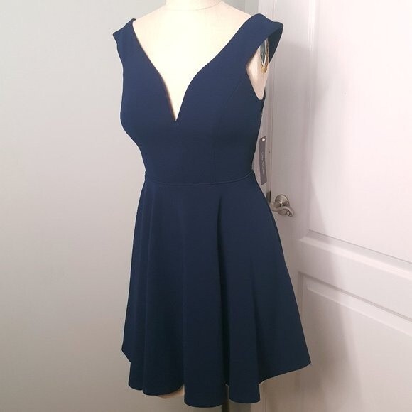 City Studio Navy Blue Deep V Neck Dress - Picture 1 of 8